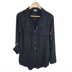Kismet Black 3/4 Sleeve Button Down Shirt with Tie Detail​​​